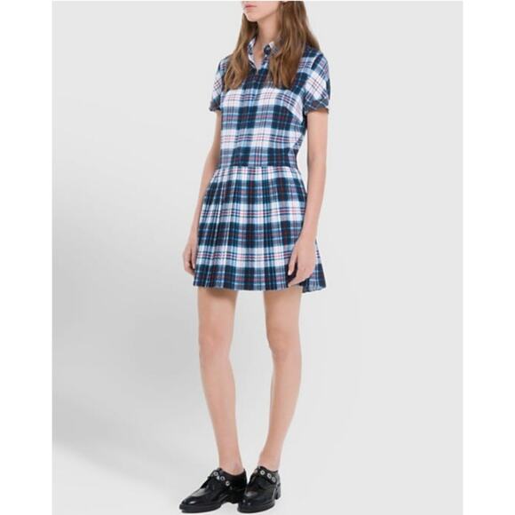 Sandro Paris Rebell Plaid Pleated Mini Dress Blue Plaid size 3 Large - Picture 1 of 11